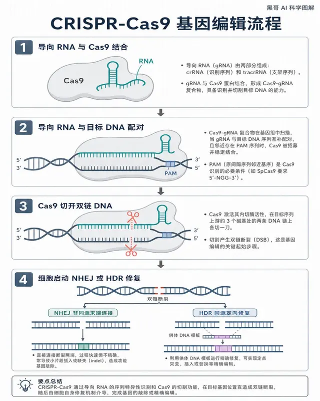 白色背景四步骤 CRISPR-Cas9 示意图,呈现导向 RNA 结合、DNA 靶向、双链切割及两条修复通路,风格简洁符合期刊规范。