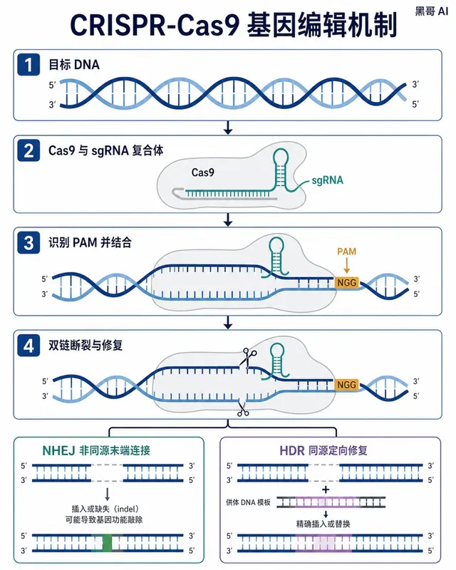 四格扁平矢量图,展示 CRISPR-Cas9 切割 DNA 的全过程,深蓝螺旋、灰色 Cas9 蛋白、琥珀色 PAM 位点及红绿结果分支。