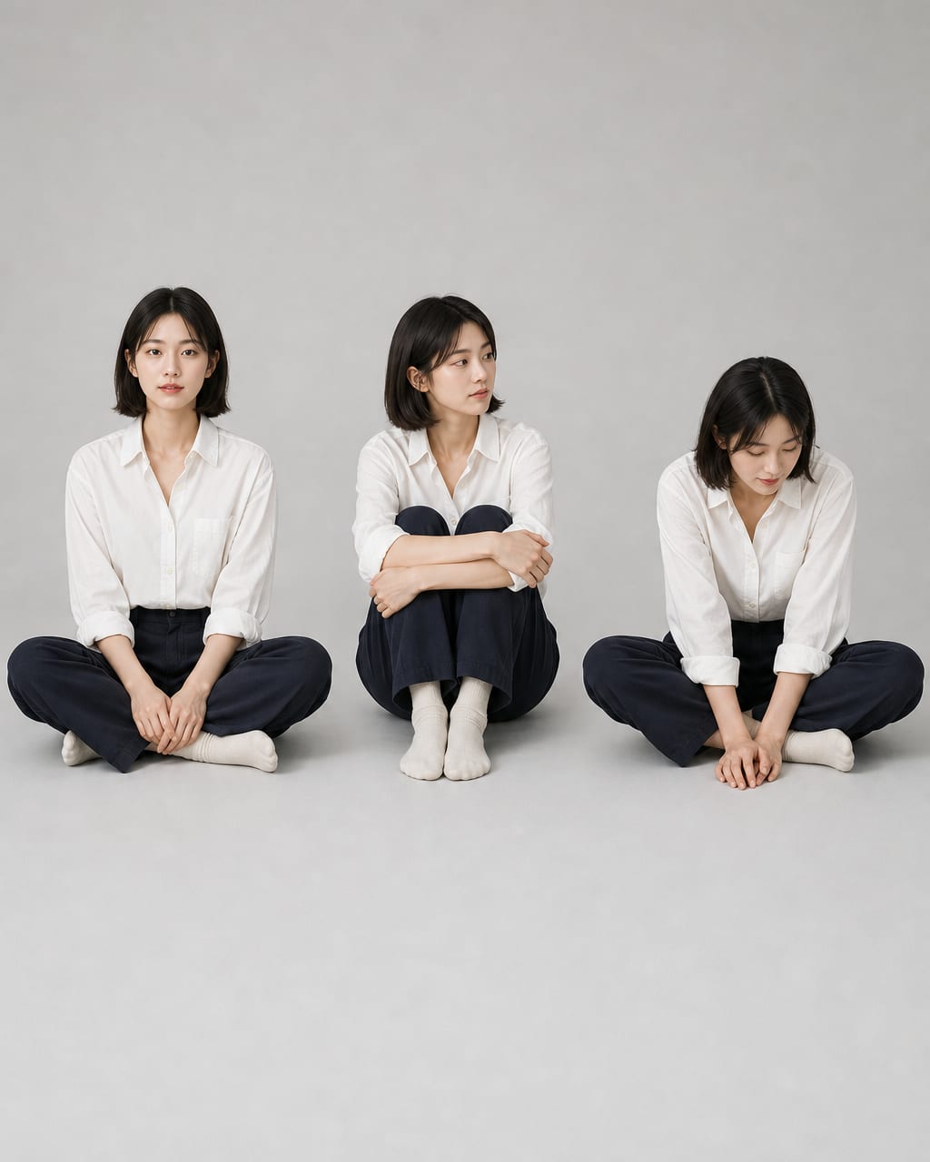盘腿坐姿动作参考，三种坐姿并排展示膝盖、骨盆和手臂支撑。