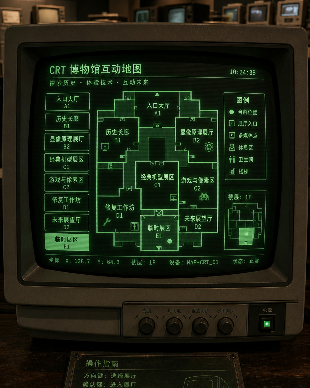CRT 博物馆互动地图案例图，博物馆互动地图显示在 CRT 显示器上，中文展厅按钮、绿色 phosphor 光晕、少量英文坐标，复古科技与文化空间结合。