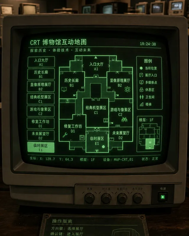 CRT 博物馆互动地图案例图,博物馆互动地图显示在 CRT 显示器上,中文展厅按钮、绿色 phosphor 光晕、少量英文坐标,复古科技与文化空间结合。