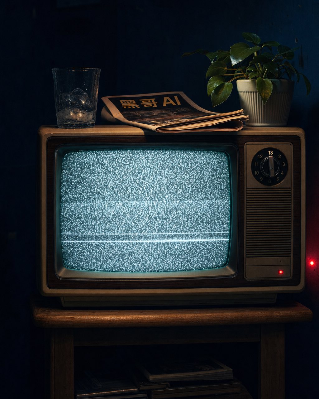 Old CRT television showing analog static in a dim navy room, with a sweating glass, a magazine titled AFTER MIDNIGHT, and a backlit plant.