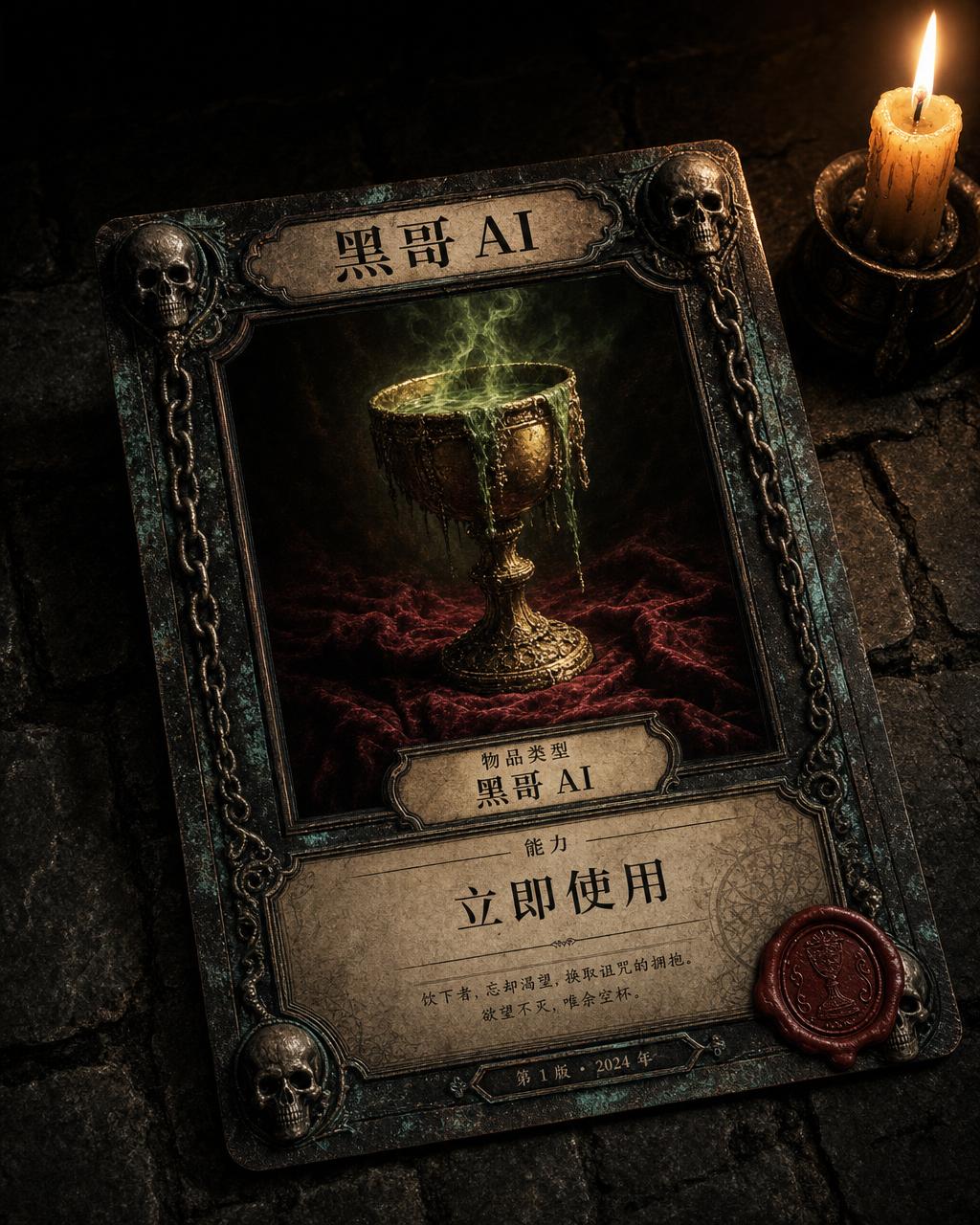 名为 The Velthorpe Chalice 的 TCG 遗物卡，卡拉瓦乔风格烛光诅咒圣杯，封蜡印章稀有度标志。