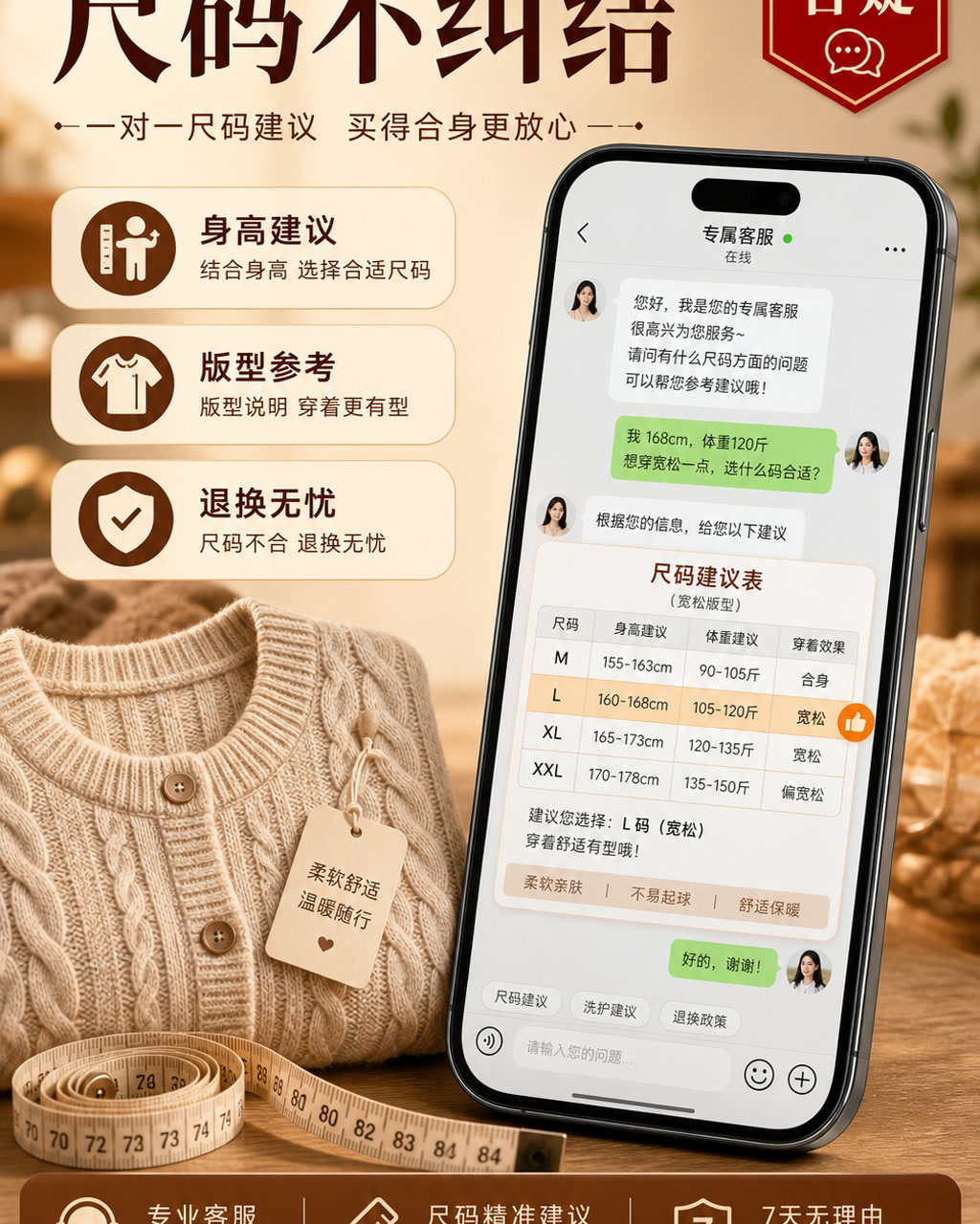 客服尺码答疑图，主文案为「尺码不纠结」，卖点为「身高建议、版型参考、退换无忧」。
