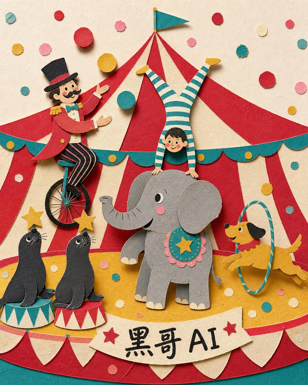 剪纸拼贴马戏插画：大象上倒立的杂技演员、独轮车抛球的领班、海豹与跳圈小狗，背景为条纹大顶帐篷。