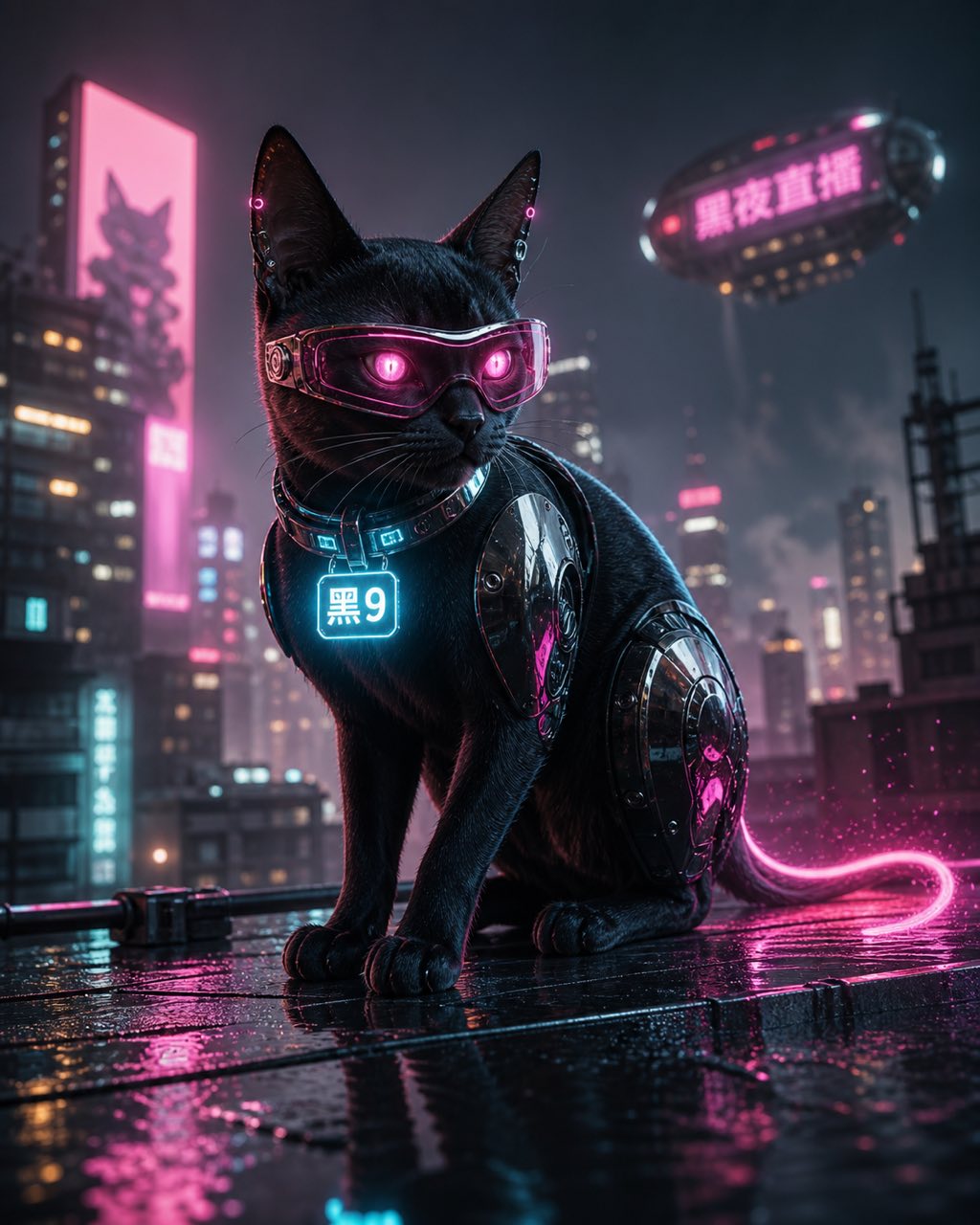 3D 黑色赛博猫带铬金属面板和品红护目镜，蹲在雨后天台边缘，青色项圈写着 'V-9'，背景霓虹都市。