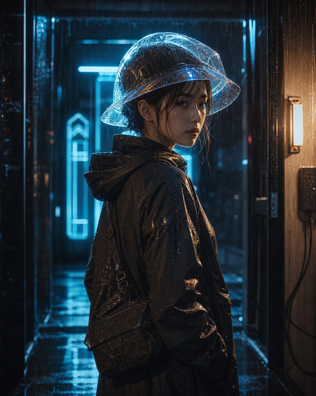 雨夜赛博信使轮廓光，展示透明雨帽、雨滴和青蓝霓虹后侧光。