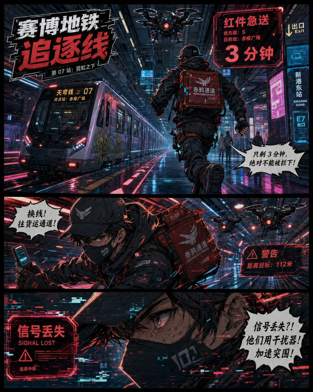 赛博朋克漫画地铁追逐，原创漫画风格样本，包含清晰漫画版式、角色动作和可见中文标题。