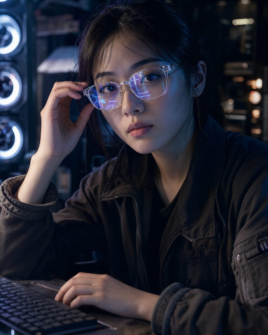 赛博眼镜反射人像：一位戴透明框眼镜的程序员正对镜头，镜片里有抽象代码界面反射，暗色工作站，背景显示器化成蓝紫色散景，不出现可读真实代码。