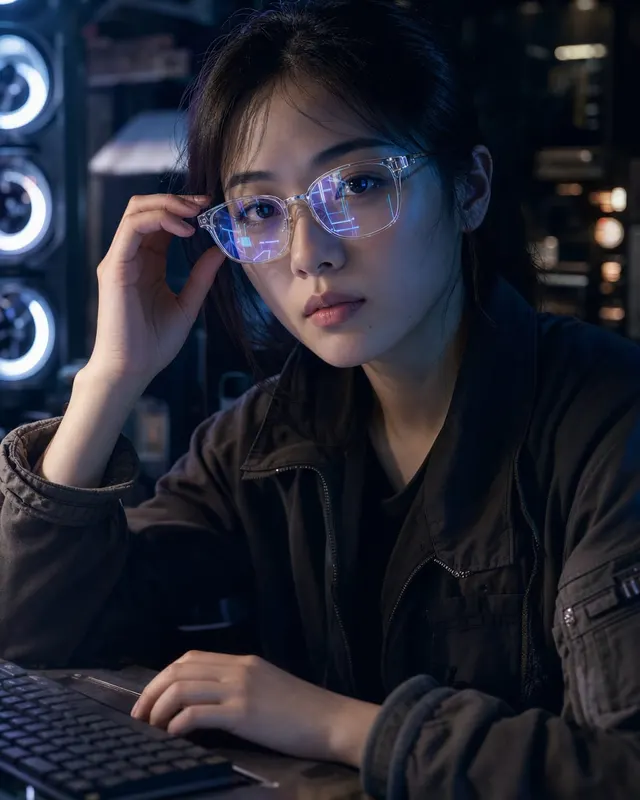 赛博眼镜反射人像:一位戴透明框眼镜的程序员正对镜头,镜片里有抽象代码界面反射,暗色工作站,背景显示器化成蓝紫色散景,不出现可读真实代码。