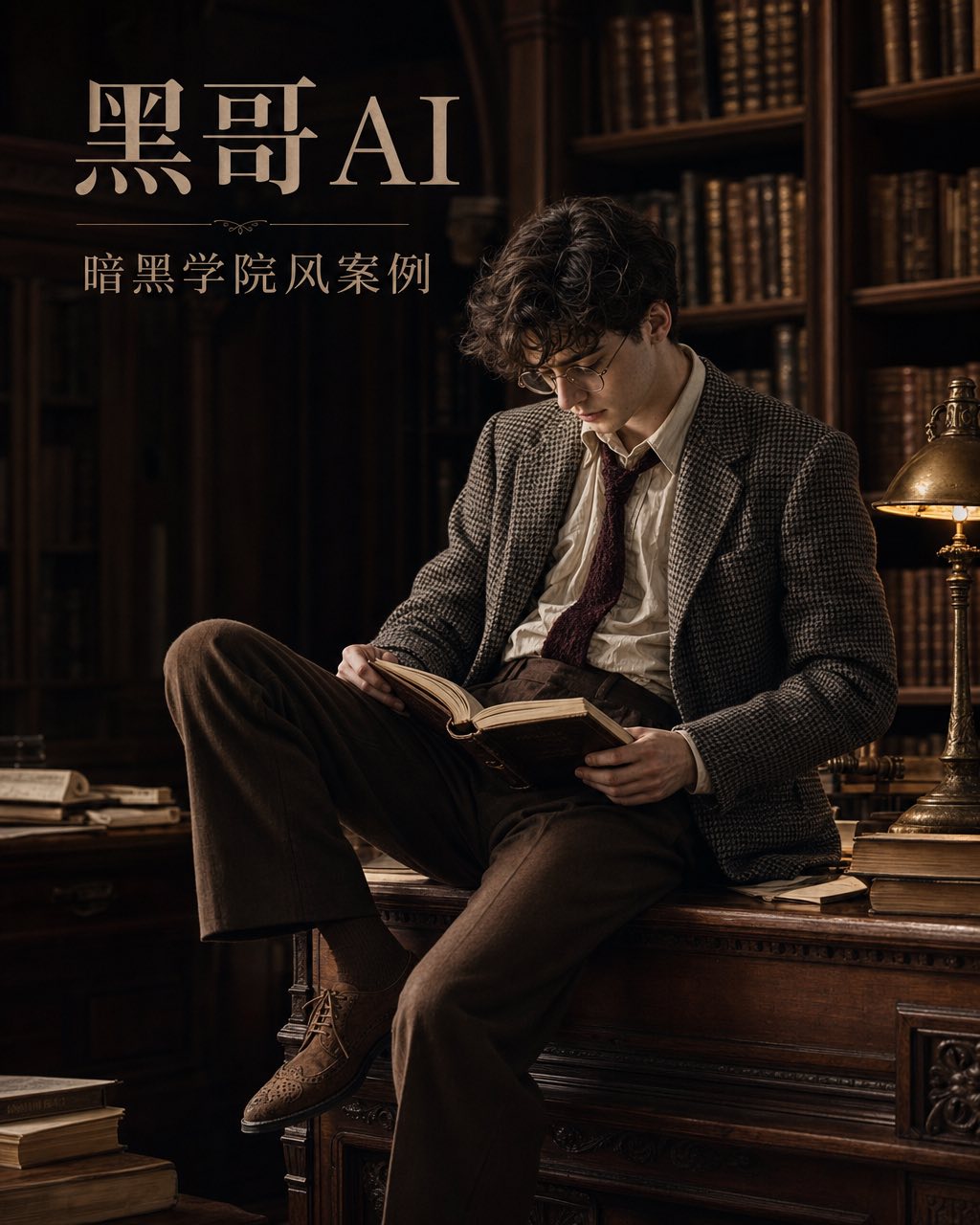戴金丝眼镜的年轻男性穿千鸟格外套系酒红编织领带，侧坐于维多利亚图书馆橡木桌，黄铜台灯照亮。