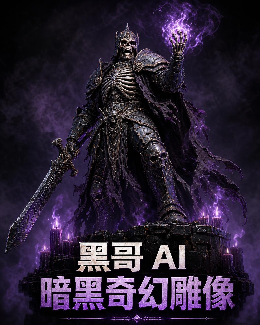 暗黑奇幻骨骑士收藏雕像，锈蚀板甲露出肋骨，骷髅手发紫幽灵火焰，紫色烛光，黑曜石底座。