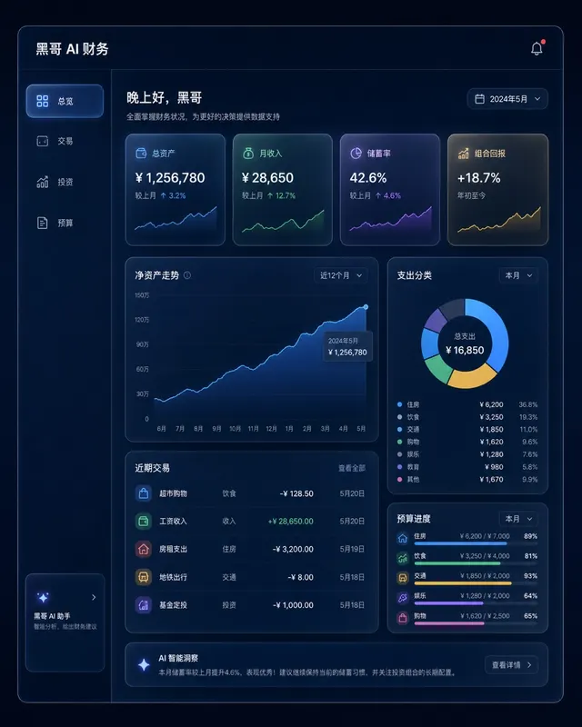 深蓝色桌面端财务仪表盘,磨砂玻璃 KPI 卡片,青绿到紫色渐变面积图,顶部显示品牌文字 'Vaulta'。