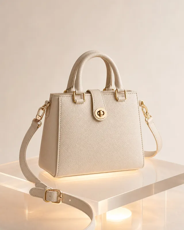 Ivory pebbled-leather mini tote with gold hardware on frosted acrylic plinth, lit by a large octabox and silver reflector.