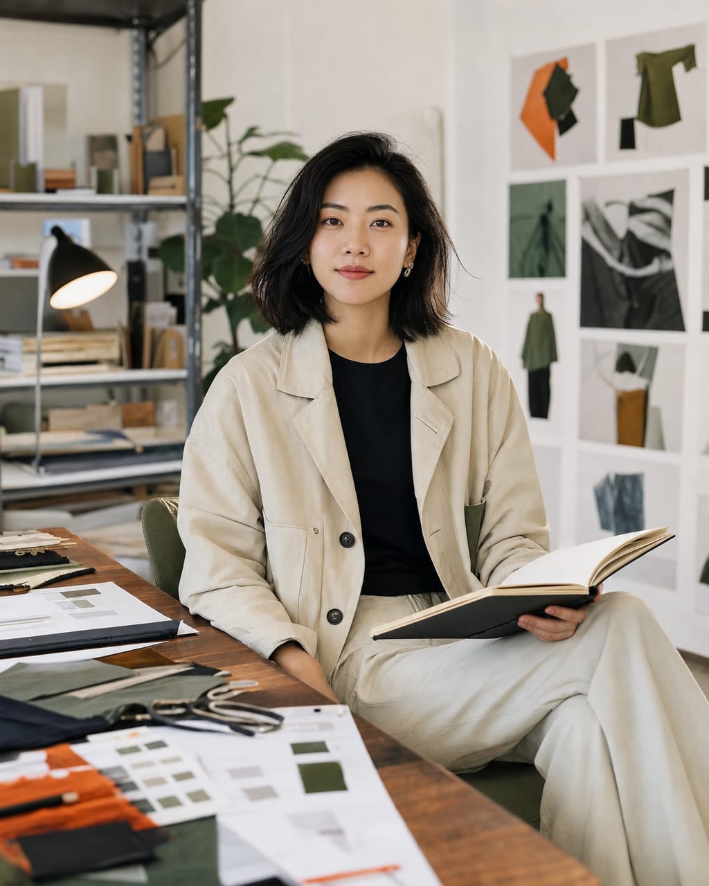 设计师个人品牌照：工作台、样稿和自然姿态，表现审美与创作身份。