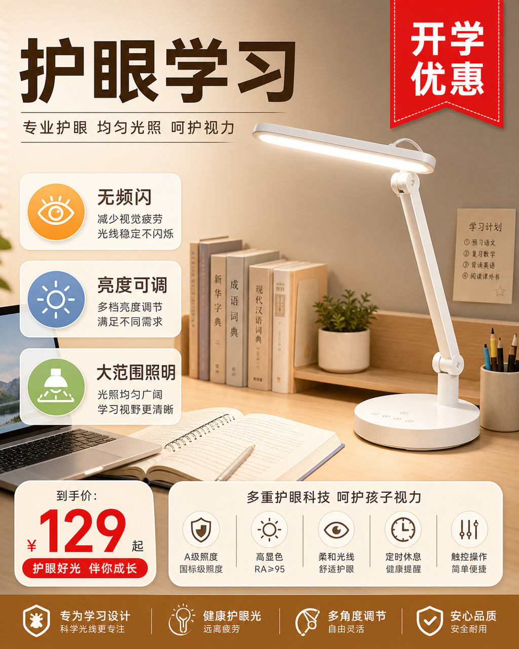 护眼台灯卖点图，主文案为「护眼学习」，卖点为「无频闪、亮度可调、大范围照明」。