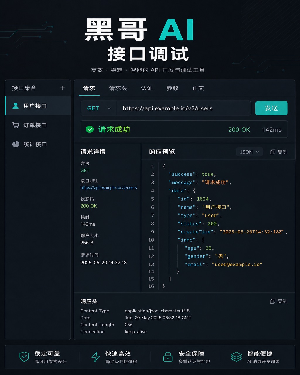 深色 macOS 开发工具窗口，瑞士网格排版，JSON 语法高亮为橙绿青色，底部极简状态栏。