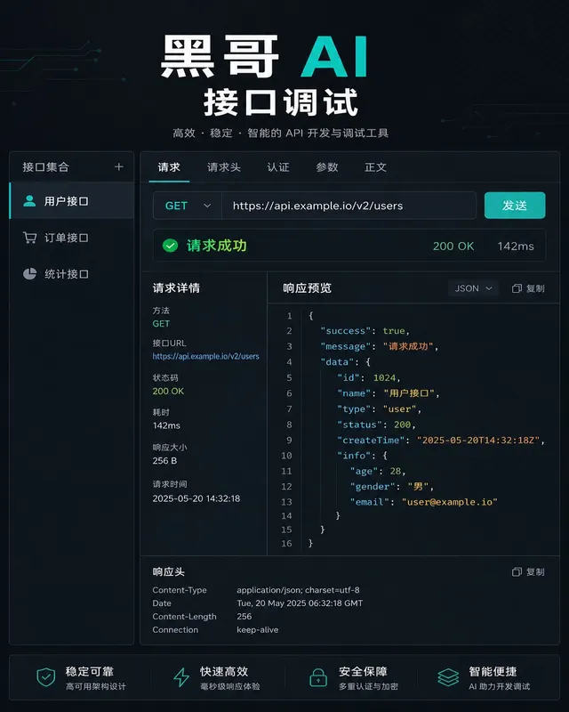 深色 macOS 开发工具窗口,瑞士网格排版,JSON 语法高亮为橙绿青色,底部极简状态栏。