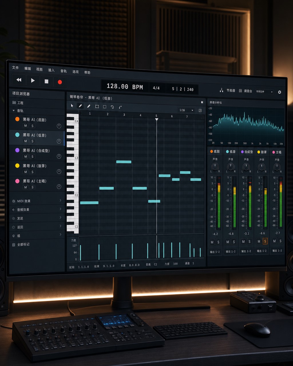 超宽屏深色 DAW 界面，Piano Roll 视图、彩色轨道列表、混音推子和频谱分析仪。
