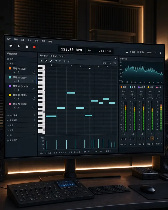 超宽屏深色 DAW 界面,Piano Roll 视图、彩色轨道列表、混音推子和频谱分析仪。