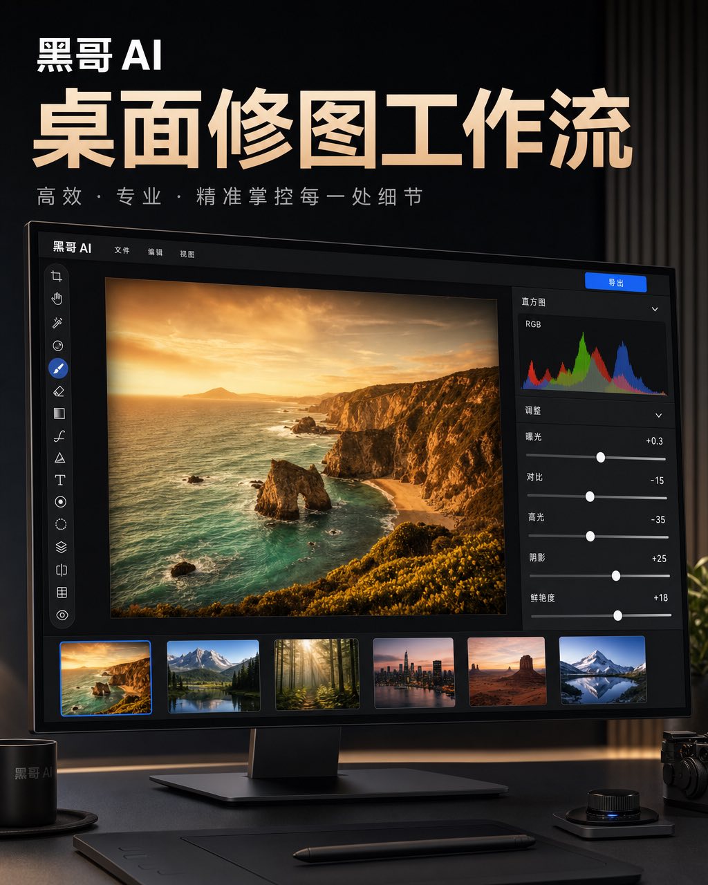 27 英寸显示器深色专业图片编辑器，工具面板、海岸风景画布、调整滑块和底部胶片缩略图。