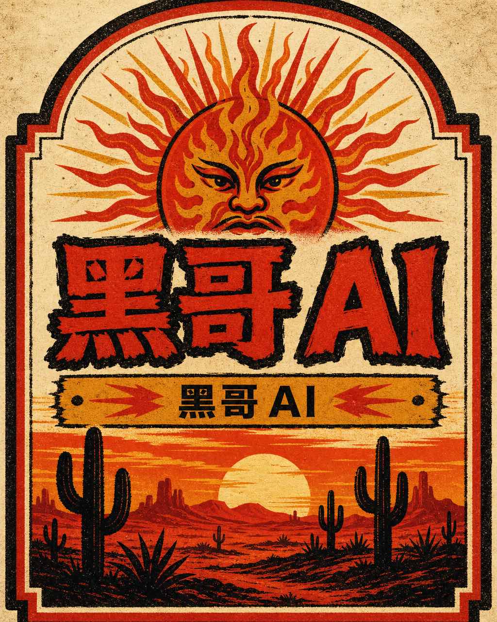 Diablo del Sol 辣酱瓶标，火焰民间艺术太阳、手绘墨西哥字体、荒漠黄昏景观，陈旧奶油底火红金色配色。