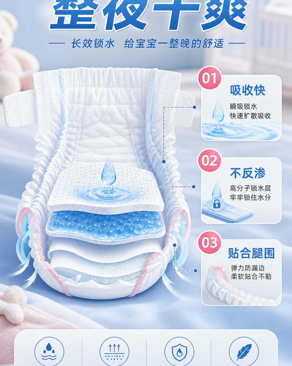 纸尿裤详情页吸收图，主文案为「整夜干爽」，卖点为「吸收快、不反渗、贴合腿围」。