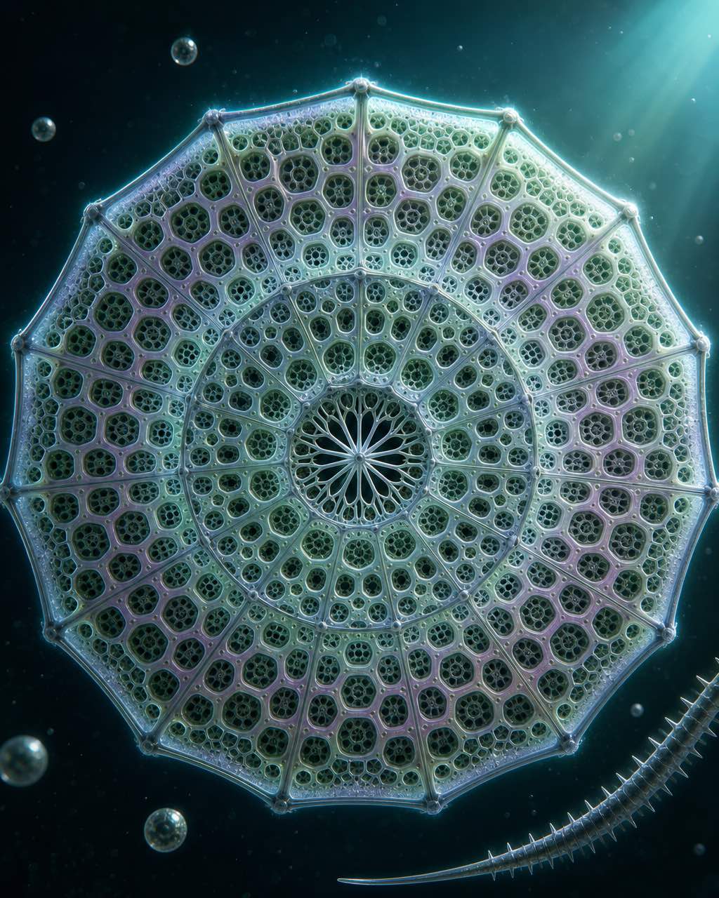 12 边虹彩硅藻，嵌套六角孔与星芒中心孔，悬浮于青黑色液体中。