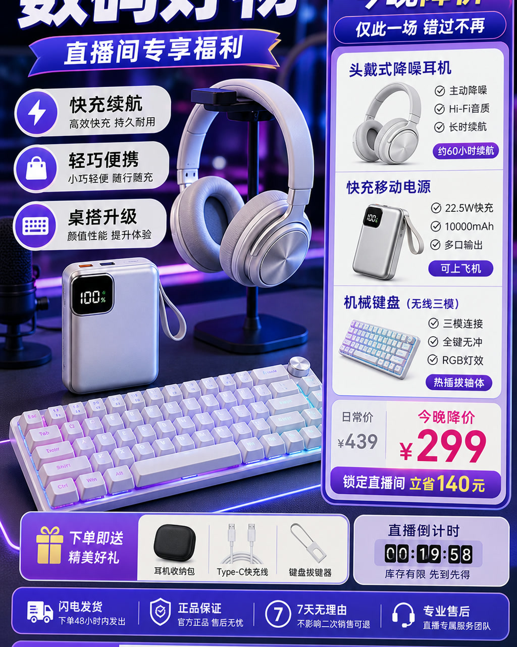 数码直播好物卡，主文案为「数码好物」，卖点为「快充续航、轻巧便携、桌搭升级」。
