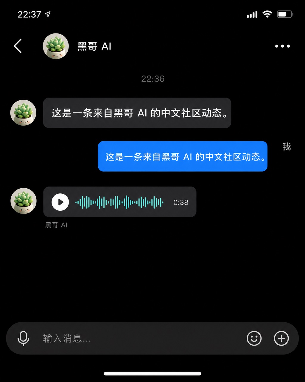 暗色模式 Twitter 私信界面，显示来自 "Priya M." 的青色波形语音消息气泡。