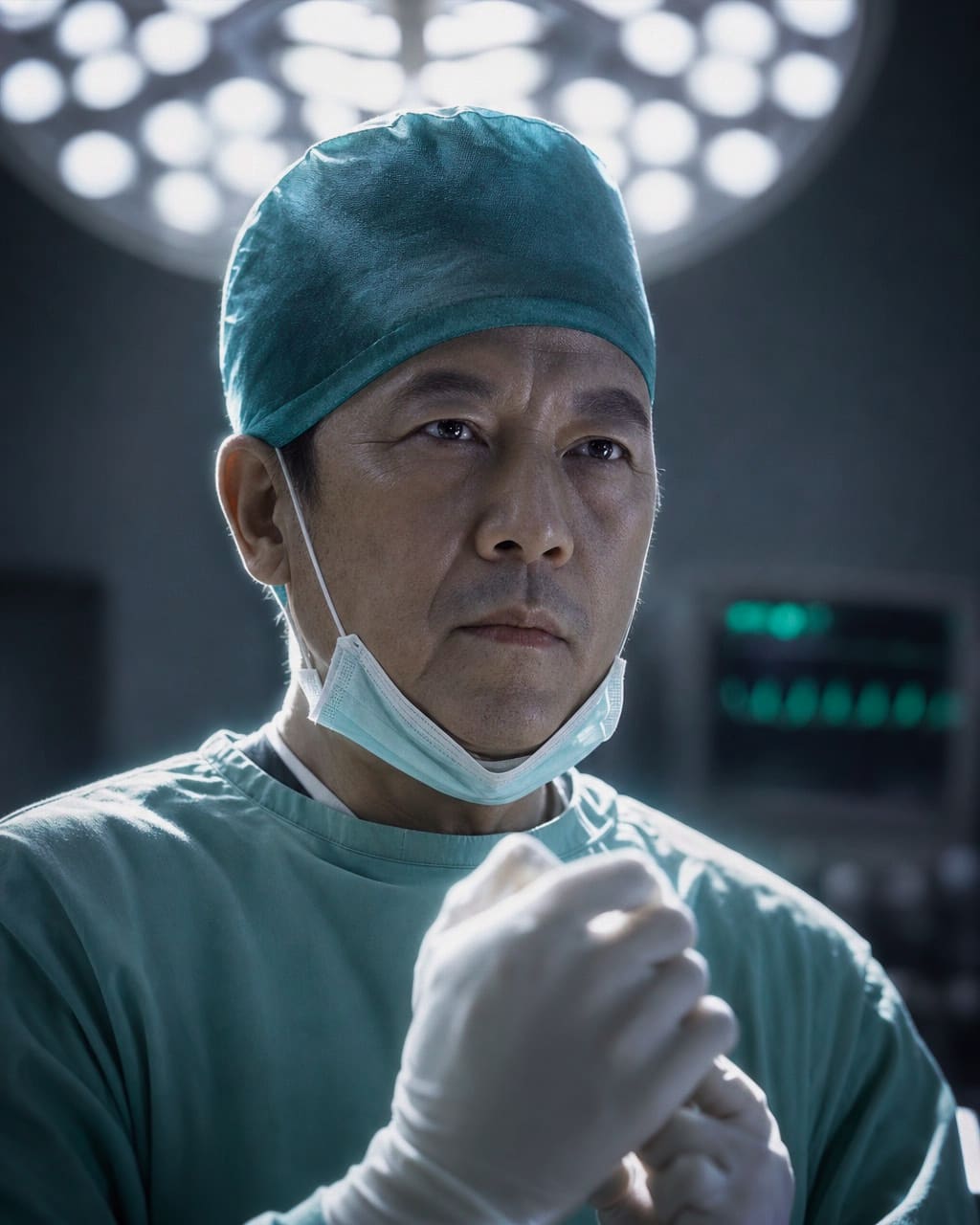 医生诊室环境人像：一位医生穿白大褂站在诊室桌旁，手里拿着听诊器，表情温和专业，明亮诊室，背景有检查床、电脑屏幕和收纳柜，但不要出现可读病历文字。
