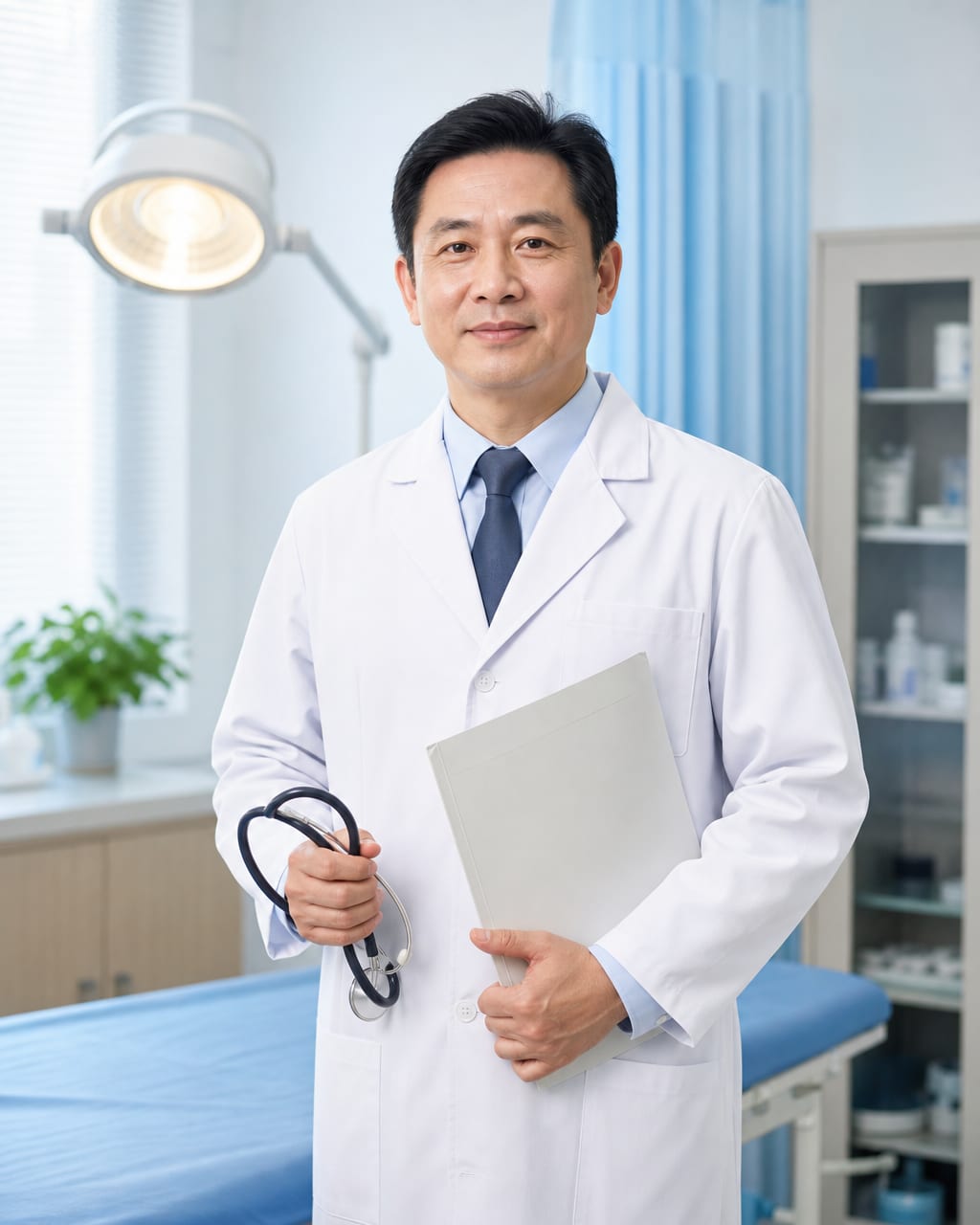 医生职业肖像：白大褂、诊室或医院走廊，呈现专业、洁净和亲和力。
