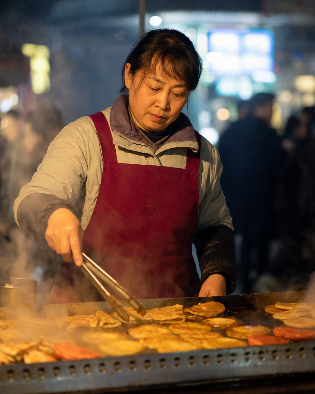 街头摊主纪实人像：一位中年街头摊主站在自己的小摊后面，手边是整齐摆放的日常食材，清晨街口，摊位灯还亮着，背景有刚醒来的城市街景。