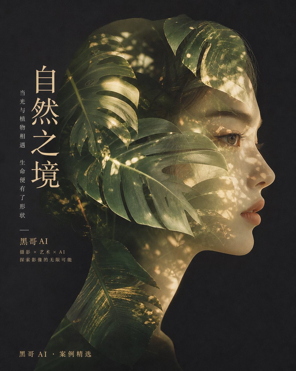 女性侧脸轮廓内填充叠层龟背竹叶，眼睛透过叶片隐现，炭灰背景，胶片颗粒质感。