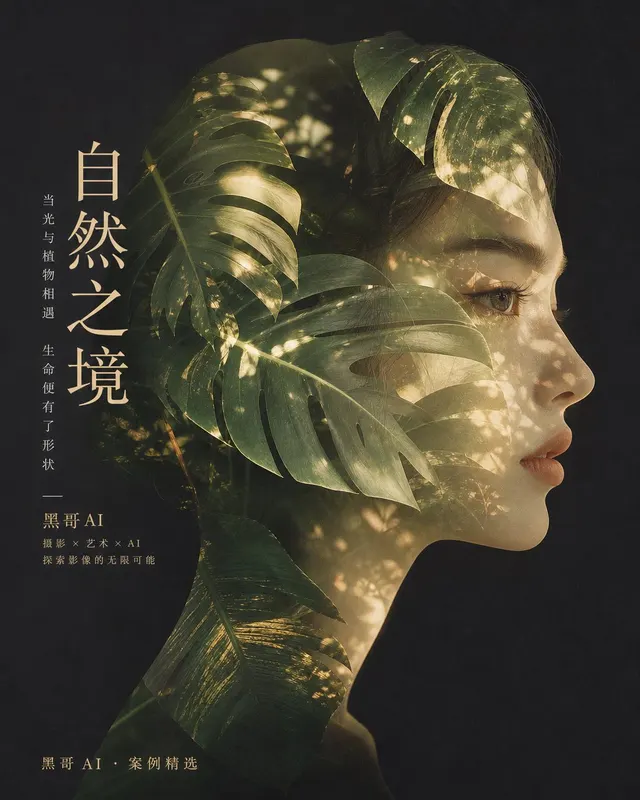 女性侧脸轮廓内填充叠层龟背竹叶,眼睛透过叶片隐现,炭灰背景,胶片颗粒质感。