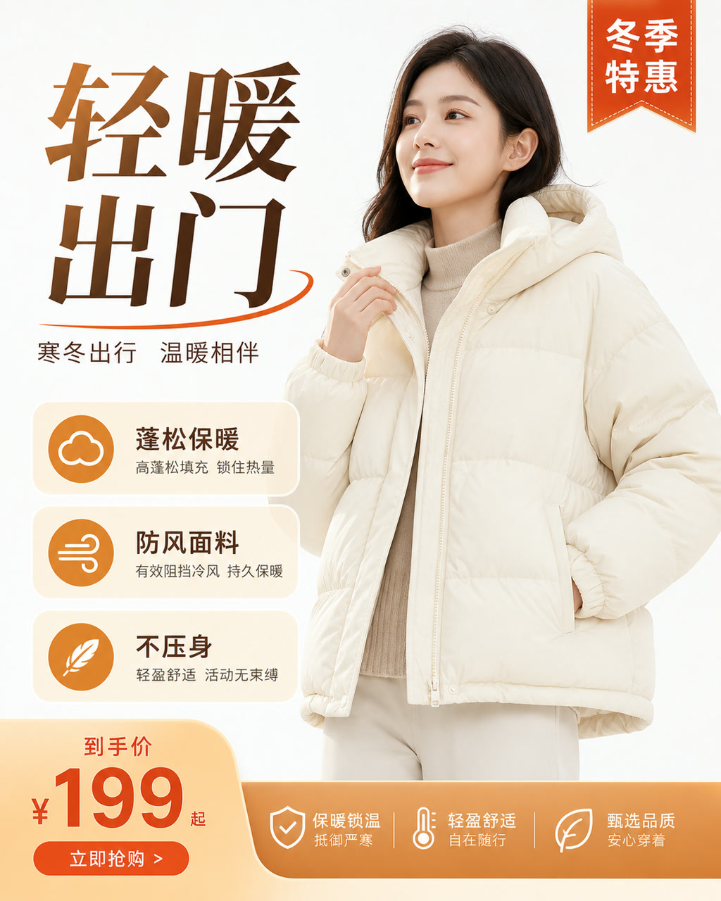 羽绒服保暖促销图，主文案为「轻暖出门」，卖点为「蓬松保暖、防风面料、不压身」。
