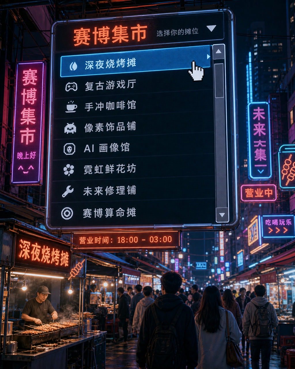下拉菜单赛博集市招牌案例图，赛博集市招牌被设计成巨大的下拉菜单 UI，选项是中文摊位名称，夜市霓虹背景，界面元素和现实招牌融合。