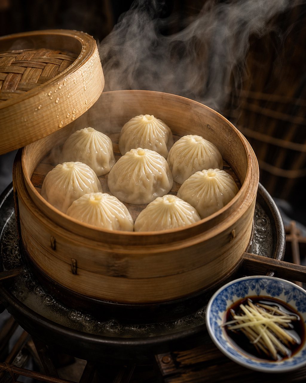 竹蒸笼近景，八枚褶皱小笼包，竹片上水珠凝附蒸汽升腾，旁边镇江香醋配姜丝。