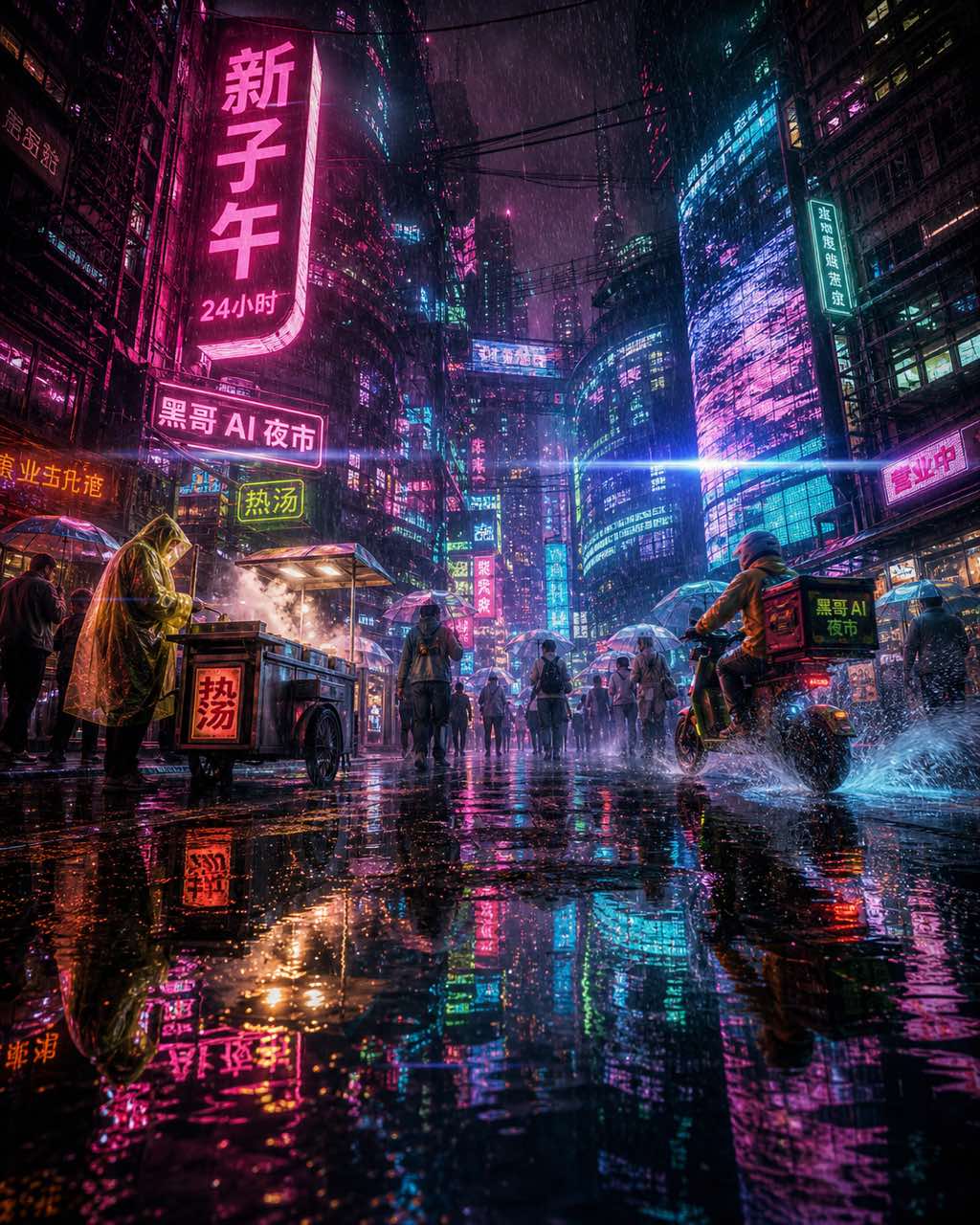 未来城市雨夜街道，霓虹 NEW MERIDIAN 24H，行人撑透明伞，面食推车与电动滑板车快递。
