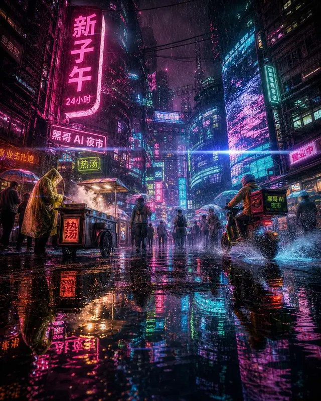 未来城市雨夜街道,霓虹 NEW MERIDIAN 24H,行人撑透明伞,面食推车与电动滑板车快递。
