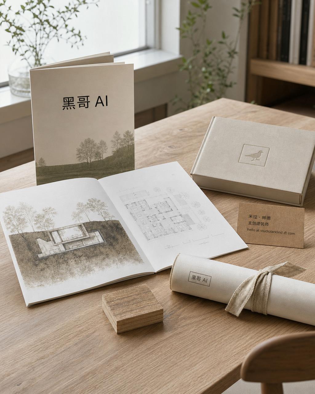 橡木工作室桌：项目手册、帆布样品册、软木名片与亚麻带捆扎的图卷。