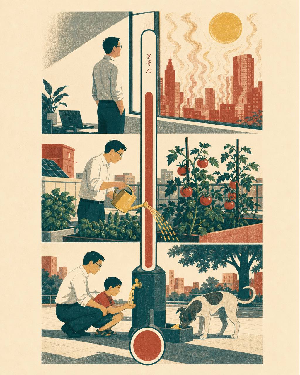 纵向报纸风格插画，办公室职员在三段叠加场景中应对城市高温，由温度计剪影串联，配色为砖红、深青与奶白。