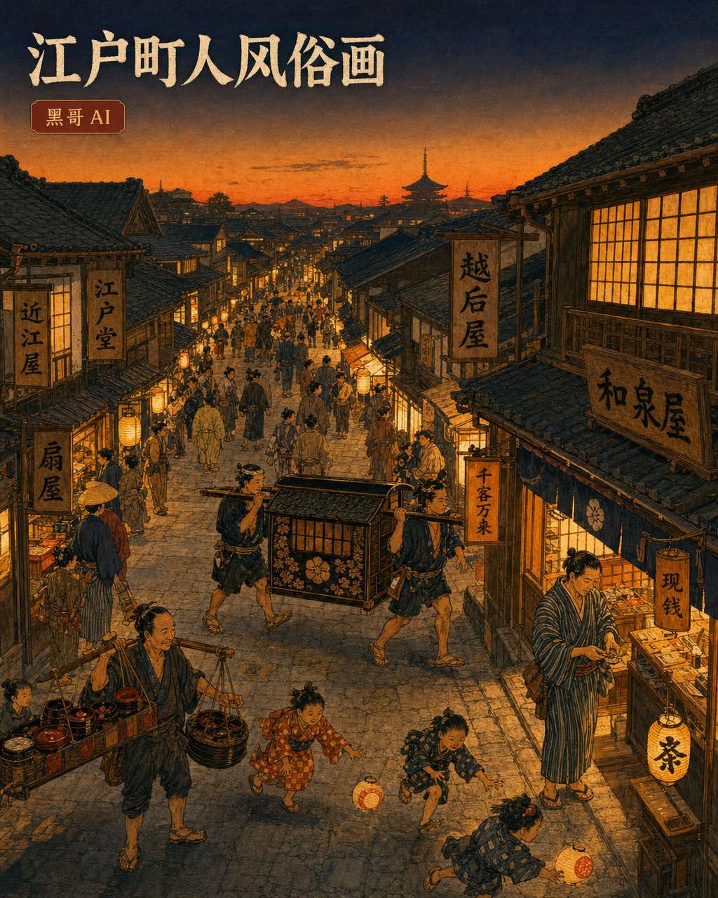 江户风俗画商业街黄昏，格子店铺灯光暖橙，轿子与小贩穿行，孩童追逐纸灯笼。