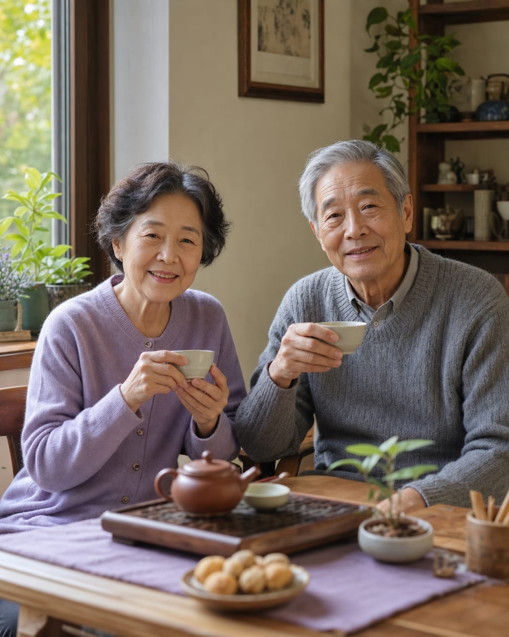 银发夫妻肖像：牵手、并坐或相视，柔光下呈现长久关系的温度。