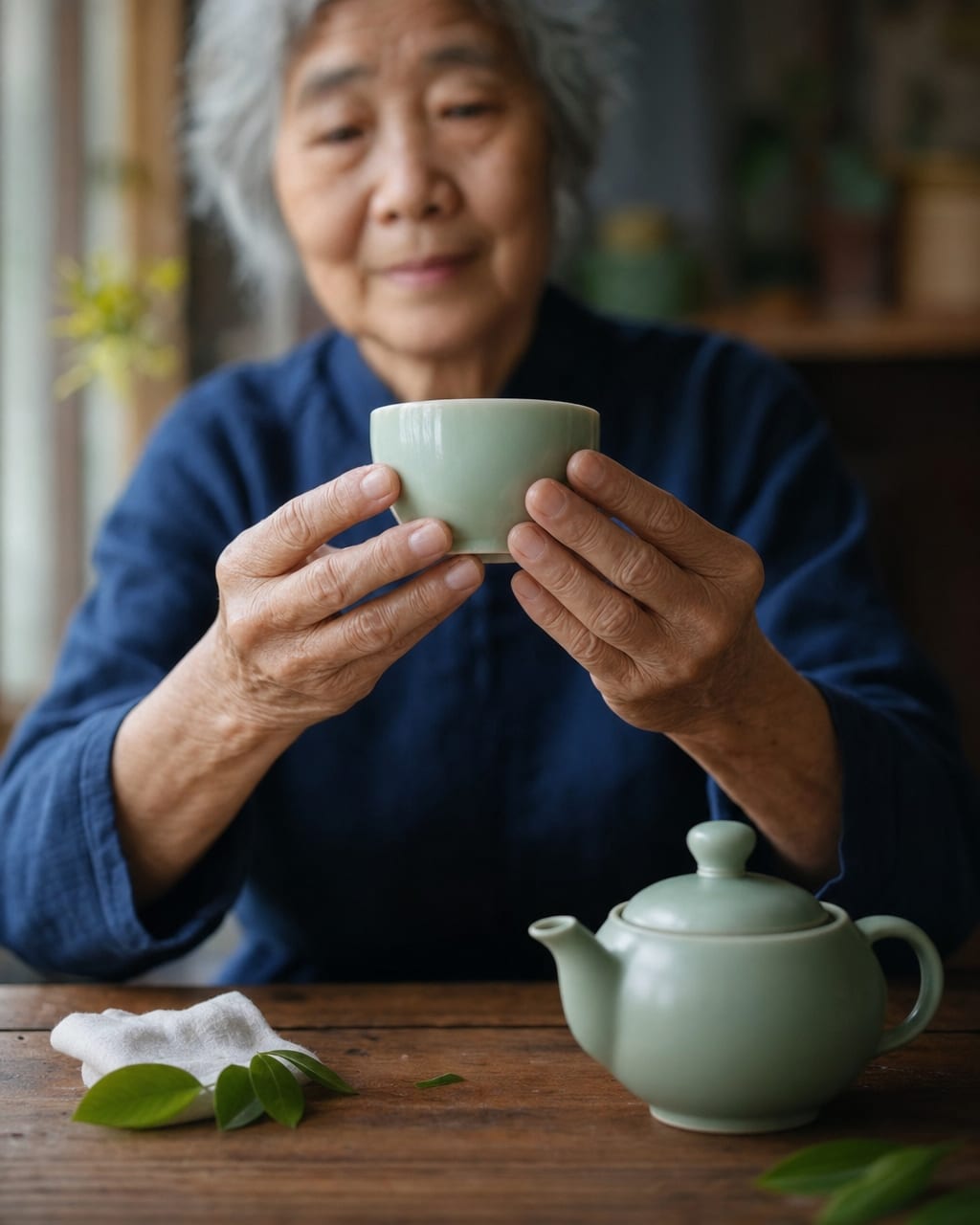 80 岁斯堪的纳维亚女性沉思棚拍，青筋毕露的双手清晰入画，温暖笑容，银发松辫。