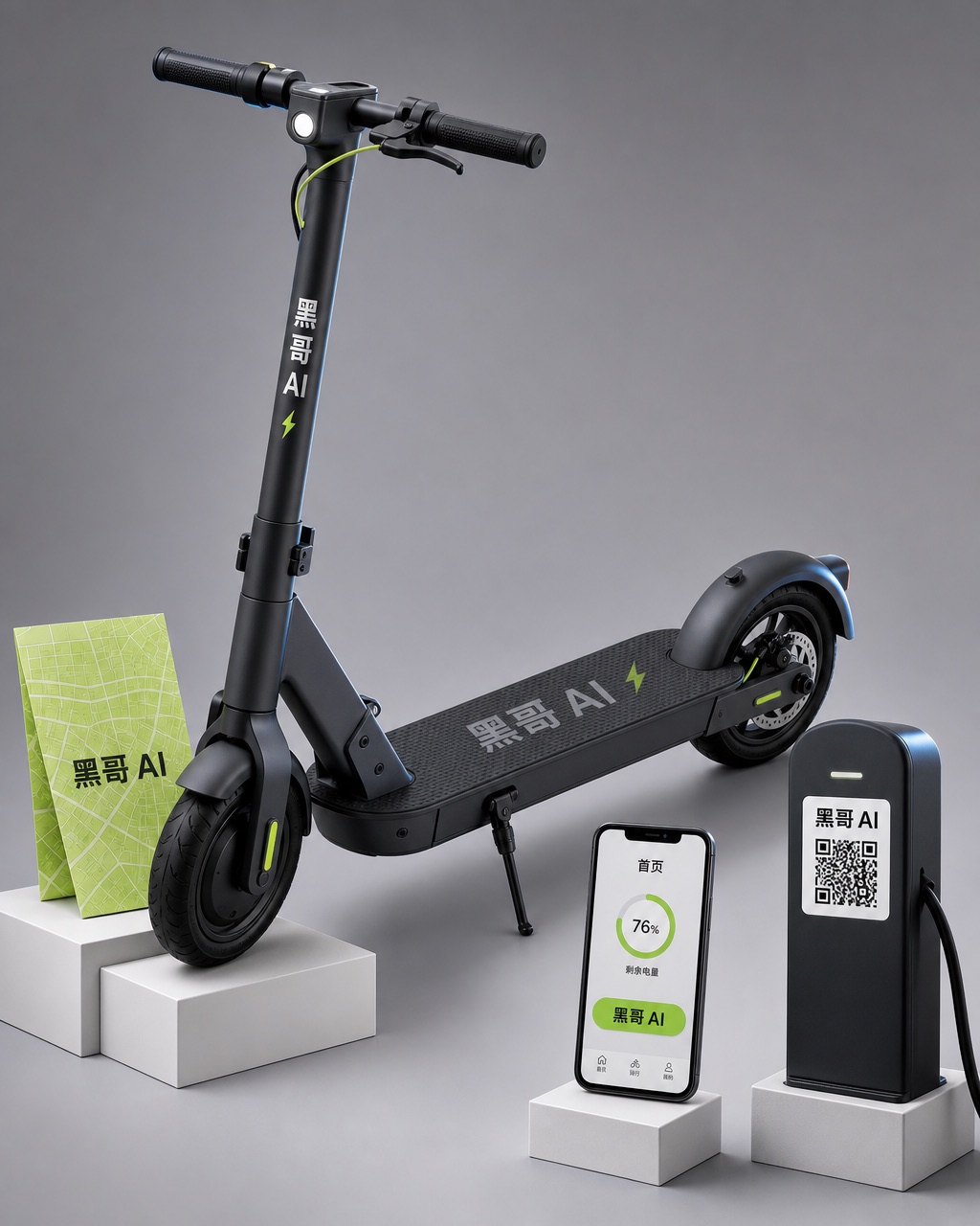 炭灰电动滑板车贴 GLYDE 字标，配青柠地图、App 界面与 QR 贴，鸽灰背景。