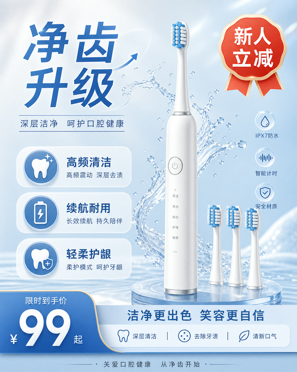 电动牙刷洁净卖点图，主文案为「净齿升级」，卖点为「高频清洁、续航耐用、轻柔护龈」。