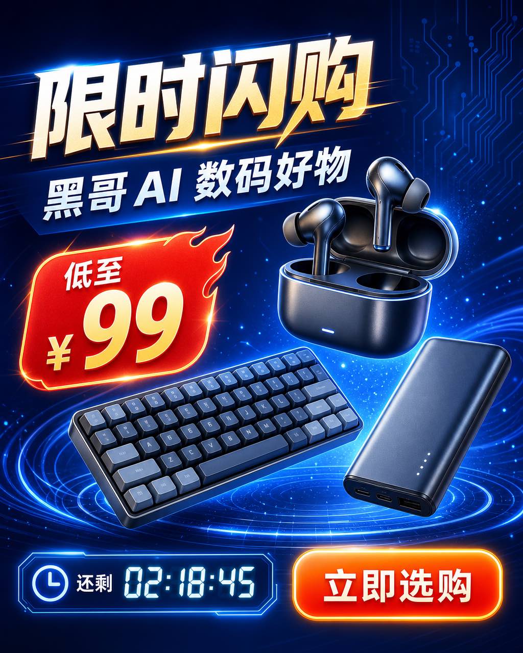 深色背景 3D 耳机为主角，黄色爆炸徽章、超大 30% Off 文字和黄色按钮的闪购横幅