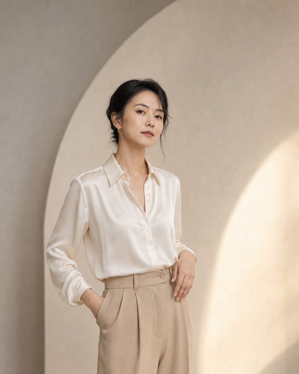 轻奢女性棚拍：柔和棚灯、丝质服装和干净背景，突出高级、精致与从容。