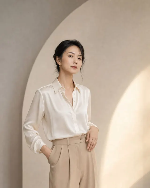轻奢女性棚拍:柔和棚灯、丝质服装和干净背景,突出高级、精致与从容。